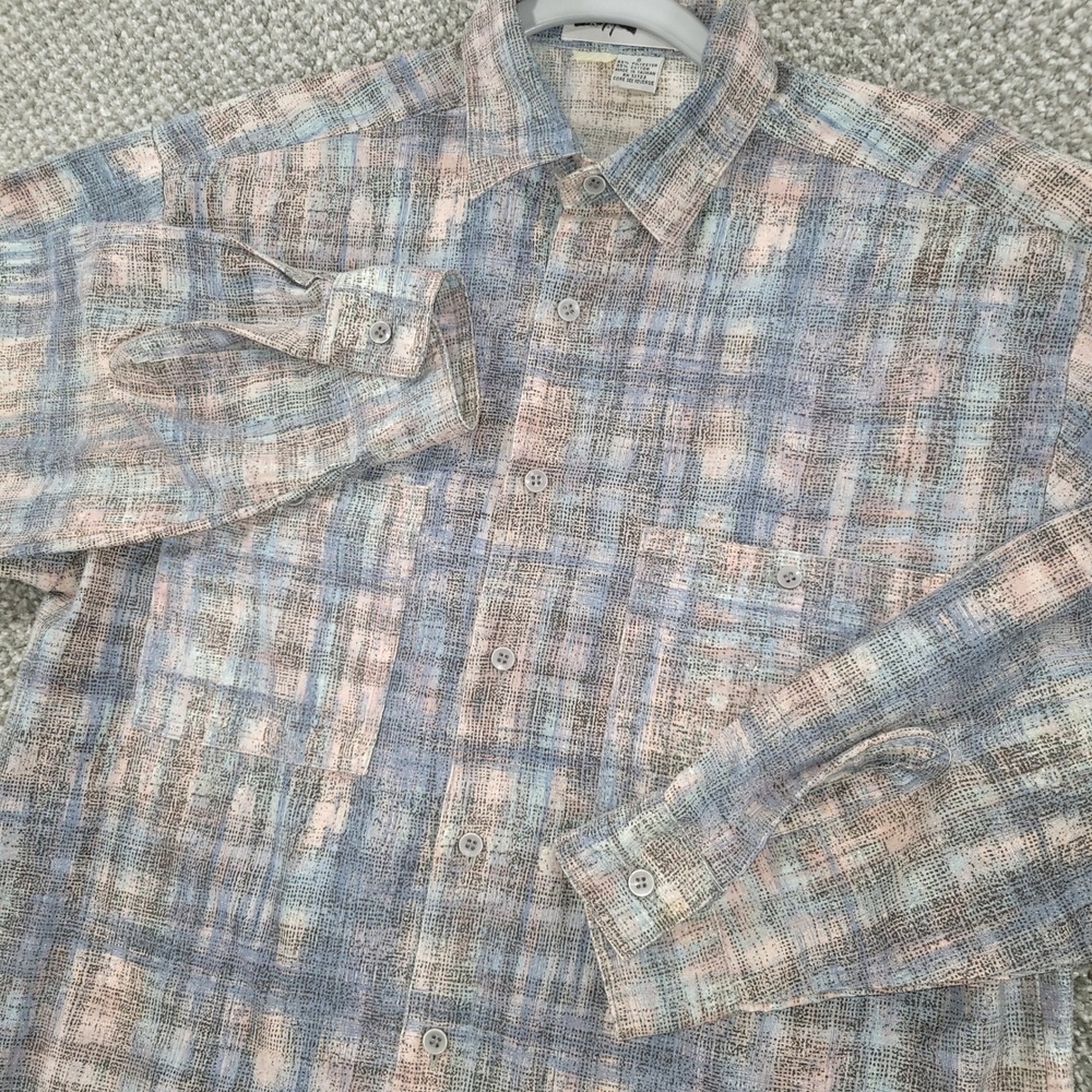 Zeppelin Mens Small Abstract Textured Grid Button Down Shirt Blue Pink Grey S